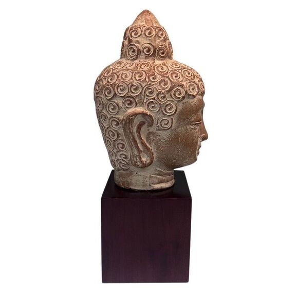 Buddha Head Ceramic Statue On A Wood Stand 12" Brown Tan Square Cube Base - Picture 5 of 14
